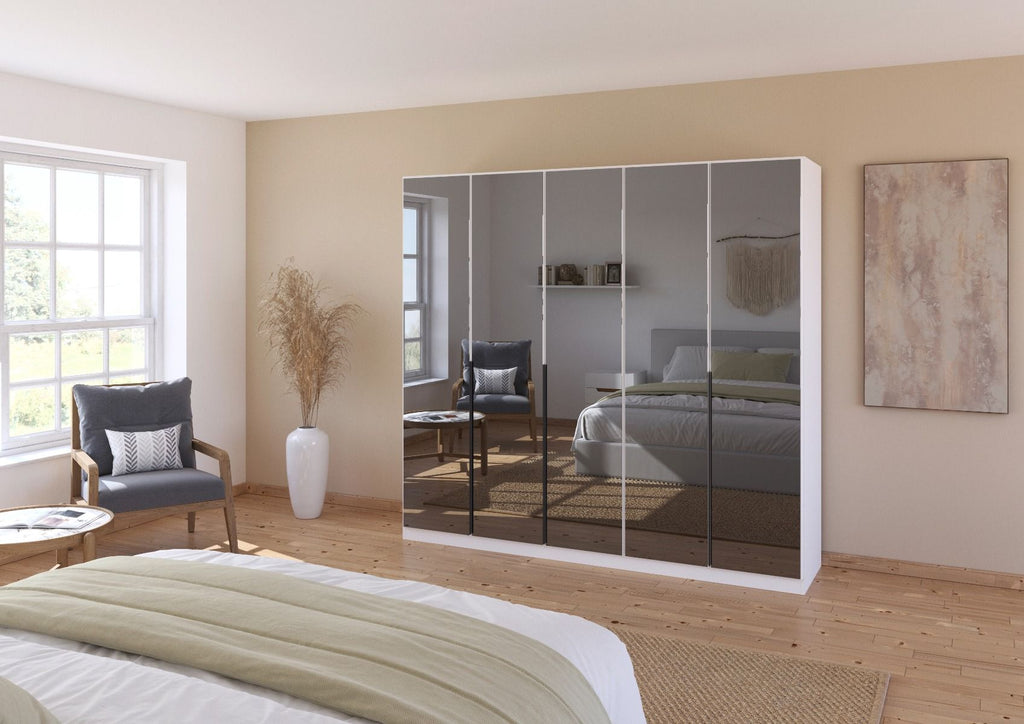 Oakwood Rauch Skyla Alpine White 5 Hinged Door Wardrobe with Full Grey Mirror Front