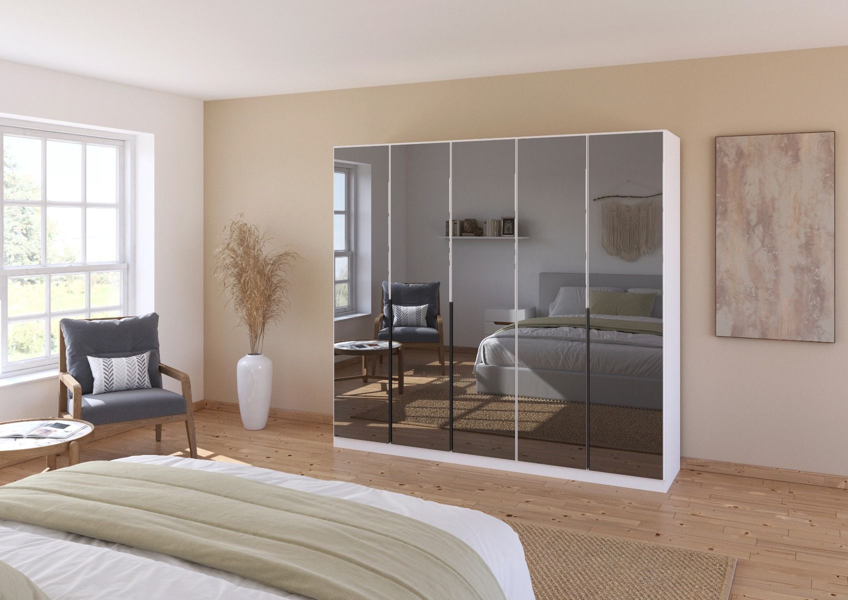 Oakwood Rauch Skyla Alpine White 5 Hinged Door Wardrobe with Full Grey Mirror Front