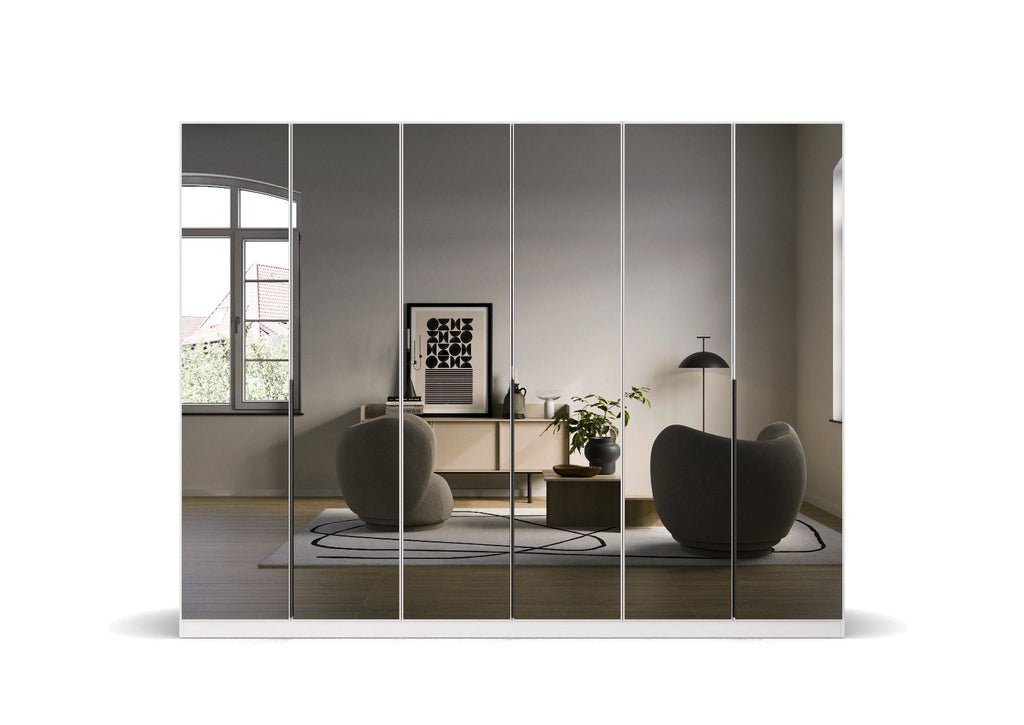 Oakwood Rauch Skyla Alpine White 5 Hinged Door Wardrobe with Full Grey Mirror Front