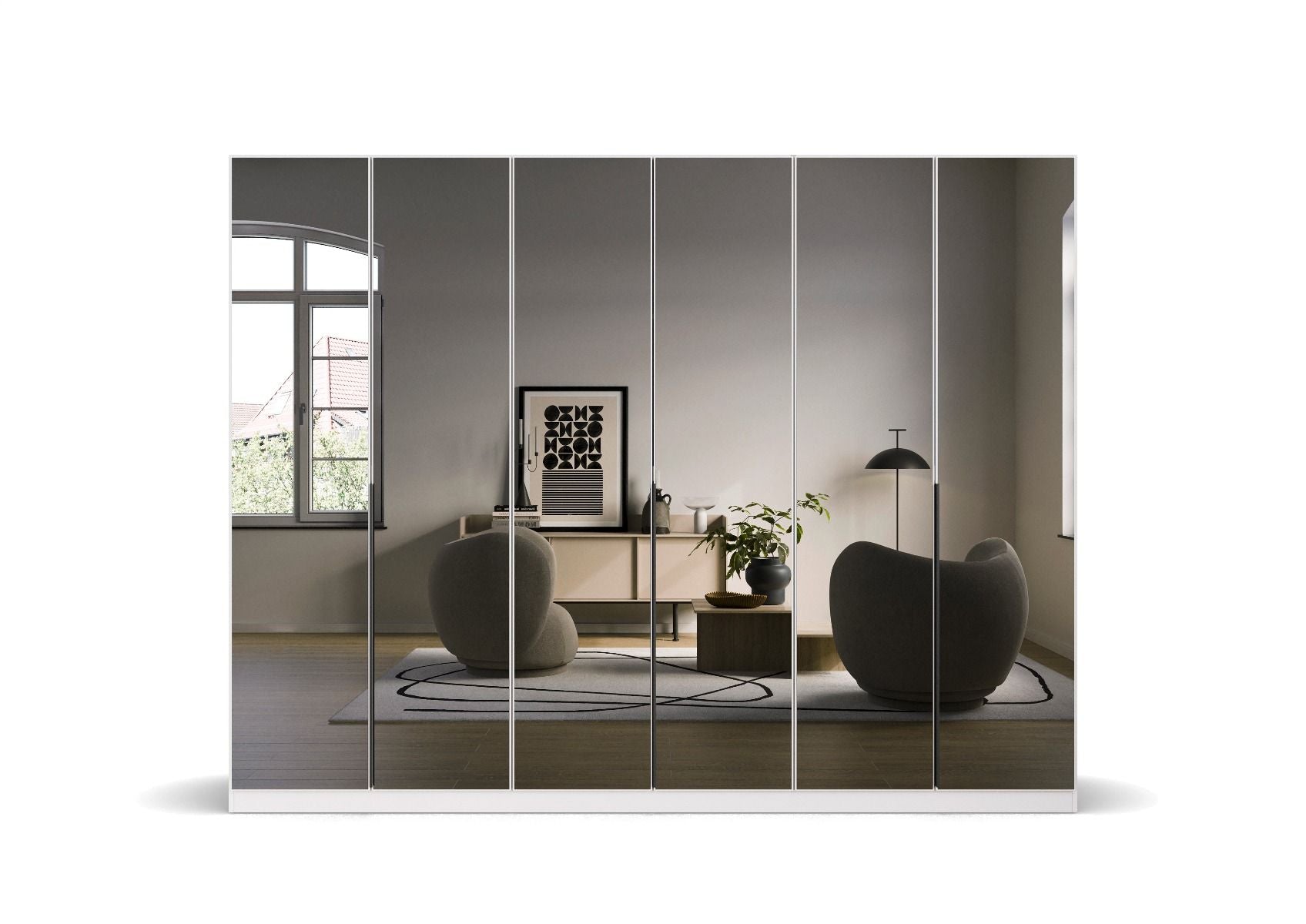 Oakwood Rauch Skyla Alpine White 5 Hinged Door Wardrobe with Full Grey Mirror Front