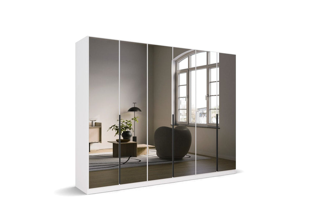Oakwood Rauch Skyla Alpine White 5 Hinged Door Wardrobe with Full Grey Mirror Front