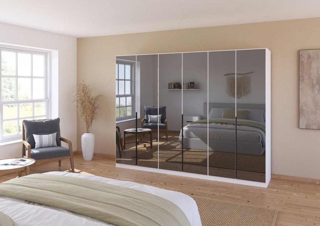 Oakwood Rauch Skyla Alpine White 5 Hinged Door Wardrobe with Full Grey Mirror Front