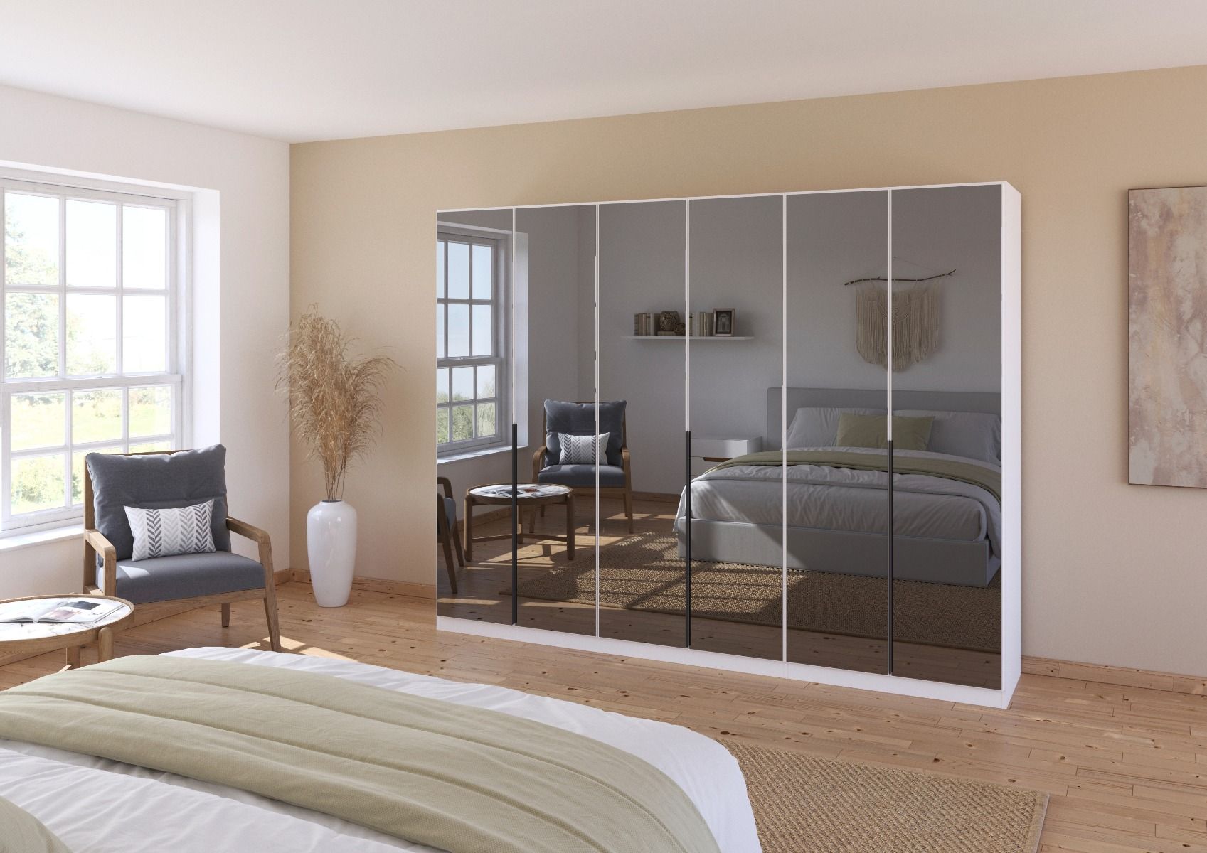 Oakwood Rauch Skyla Alpine White 5 Hinged Door Wardrobe with Full Grey Mirror Front