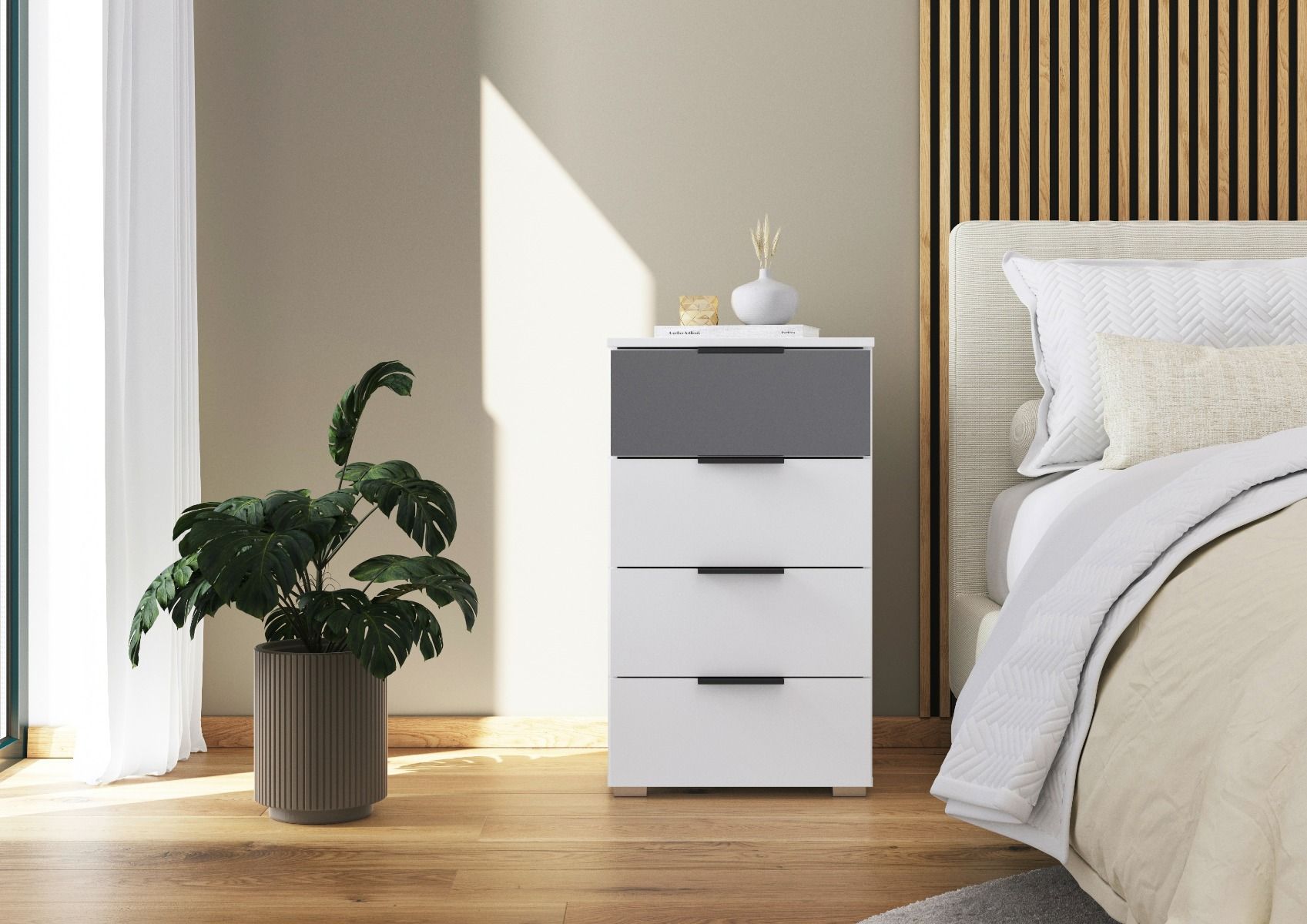 Oakwood Rauch Skyla Alpine White 5 Hinged Door Wardrobe with Full Grey Mirror Front
