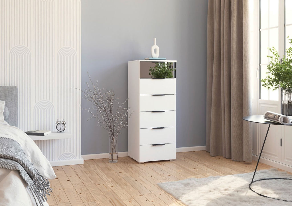 Oakwood Rauch Skyla Alpine White 5 Hinged Door Wardrobe with Full Grey Mirror Front