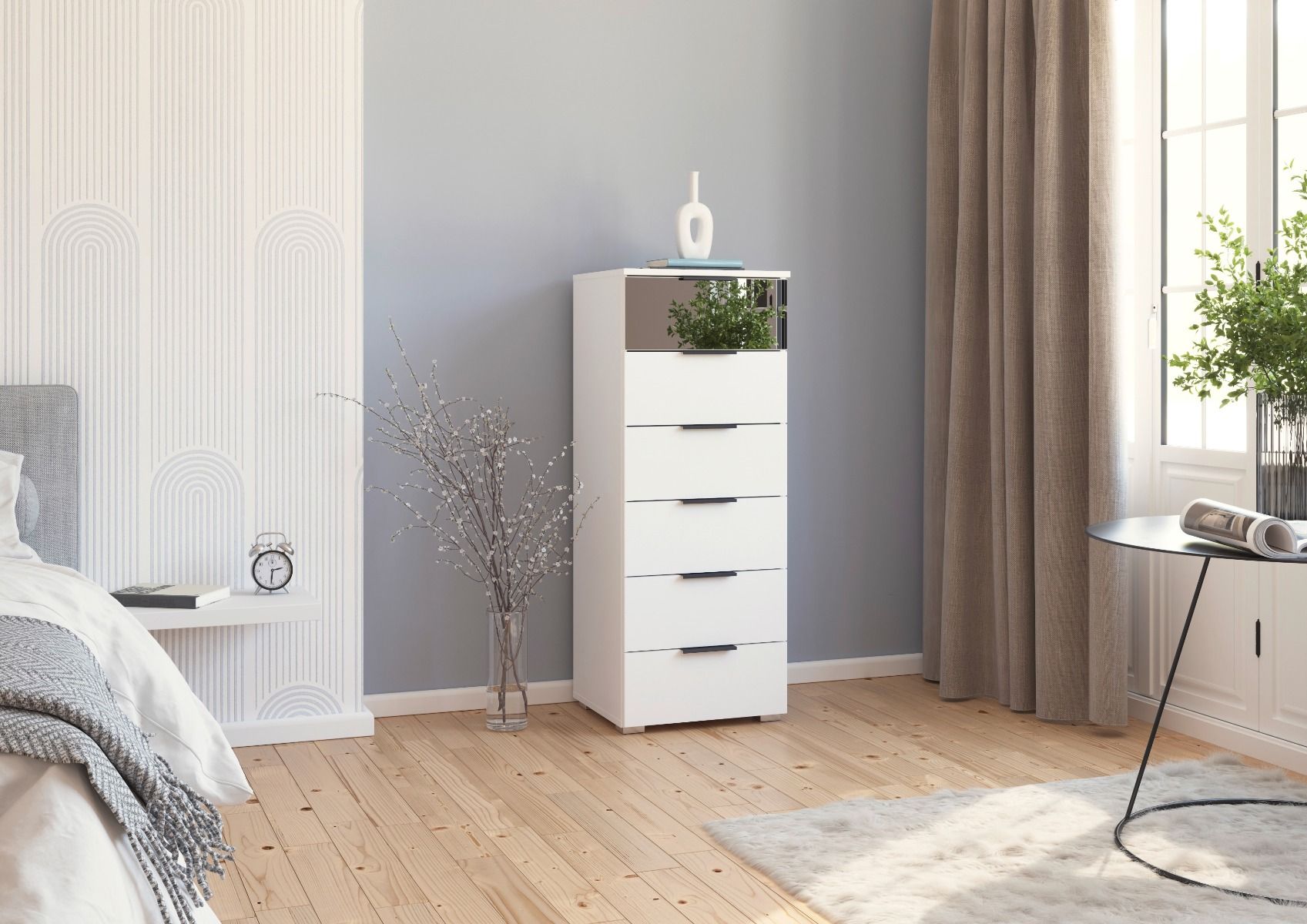 Oakwood Rauch Skyla Alpine White 5 Hinged Door Wardrobe with Full Grey Mirror Front
