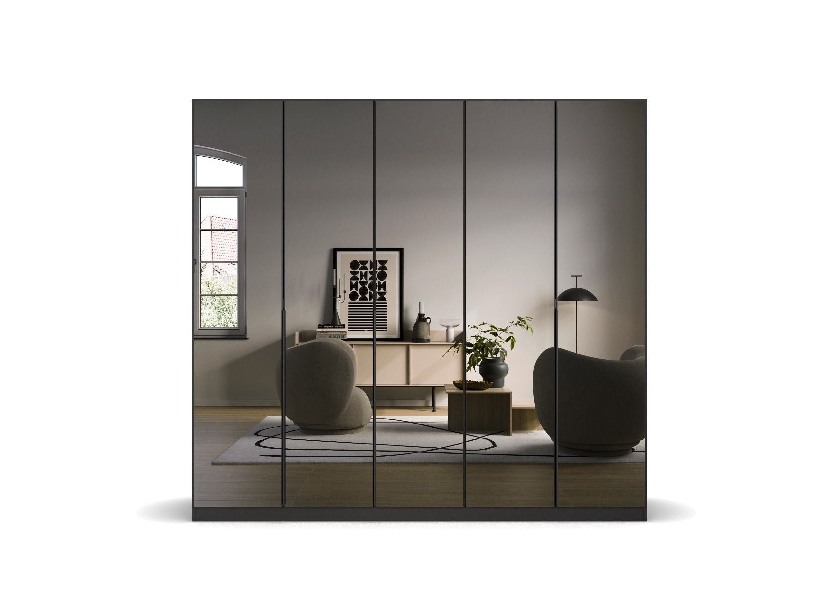 Oakwood Rauch Skyla Metallic Grey 6 Hinged Door Wardrobe with Full Grey Mirror Front