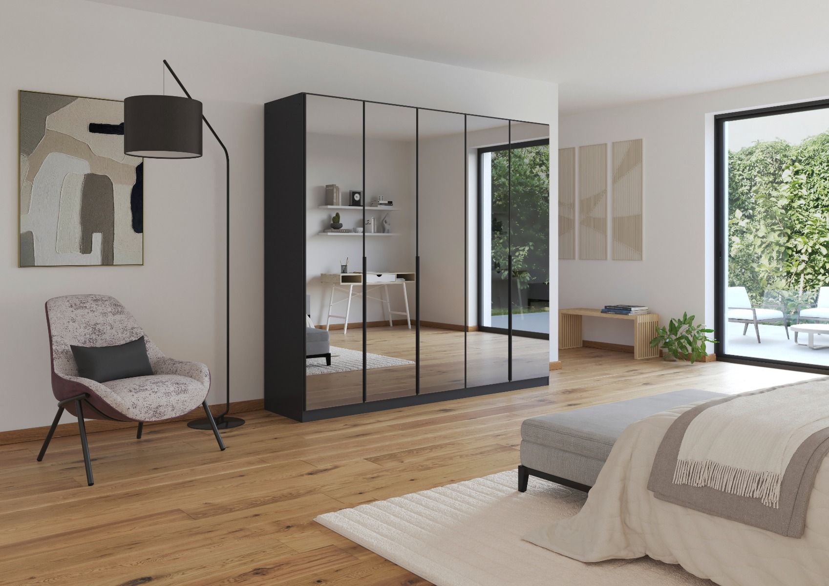 Oakwood Rauch Skyla Metallic Grey 6 Hinged Door Wardrobe with Full Grey Mirror Front