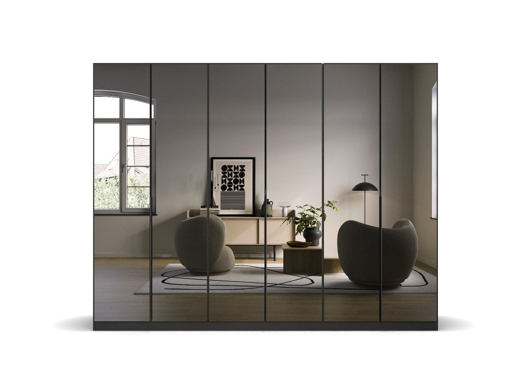 Oakwood Rauch Skyla Metallic Grey 6 Hinged Door Wardrobe with Full Grey Mirror Front
