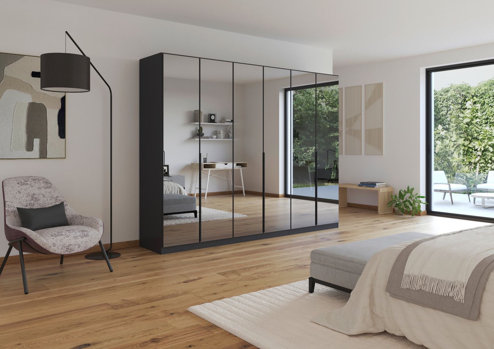 Oakwood Rauch Skyla Metallic Grey 6 Hinged Door Wardrobe with Full Grey Mirror Front