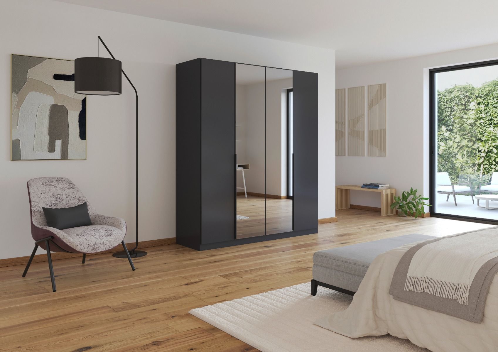 Oakwood Rauch Skyla Metallic Grey 6 Hinged Door Wardrobe with Grey Mirror Front