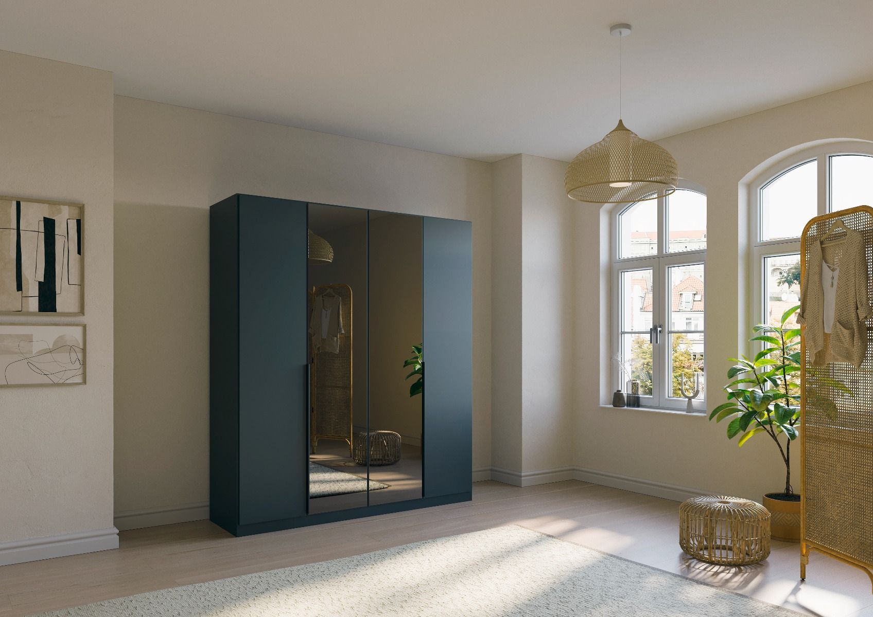 Oakwood Rauch Skyla Metallic Grey 6 Hinged Door Wardrobe with Grey Mirror Front