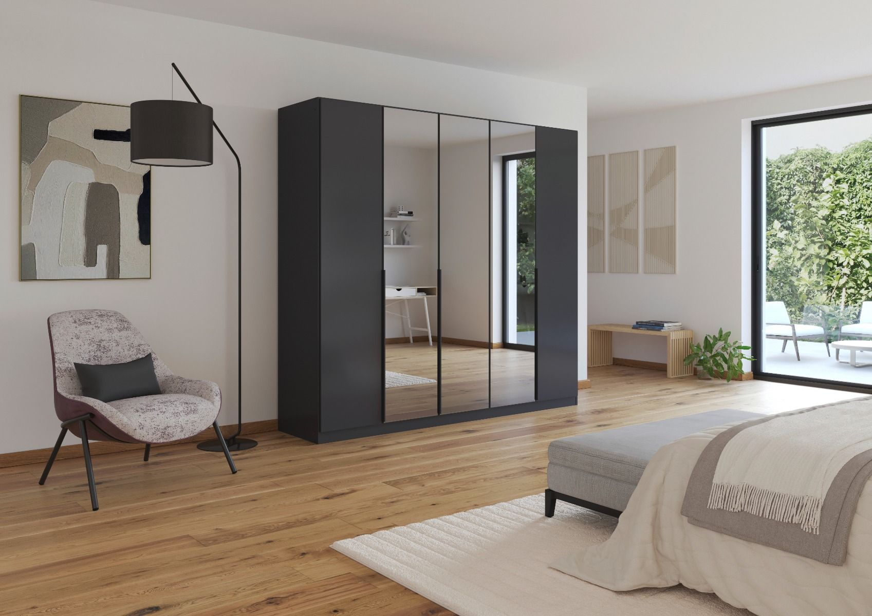 Oakwood Rauch Skyla Metallic Grey 6 Hinged Door Wardrobe with Grey Mirror Front