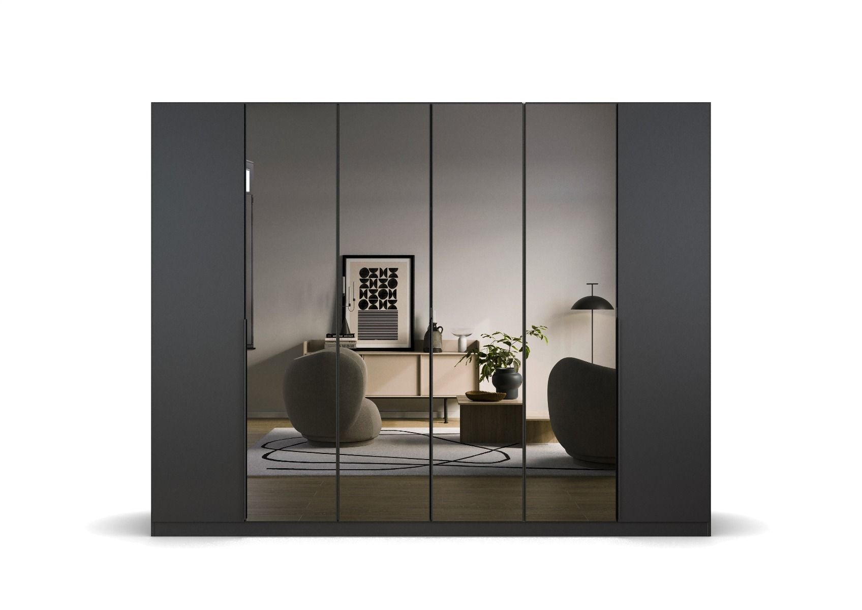 Oakwood Rauch Skyla Metallic Grey 6 Hinged Door Wardrobe with Grey Mirror Front
