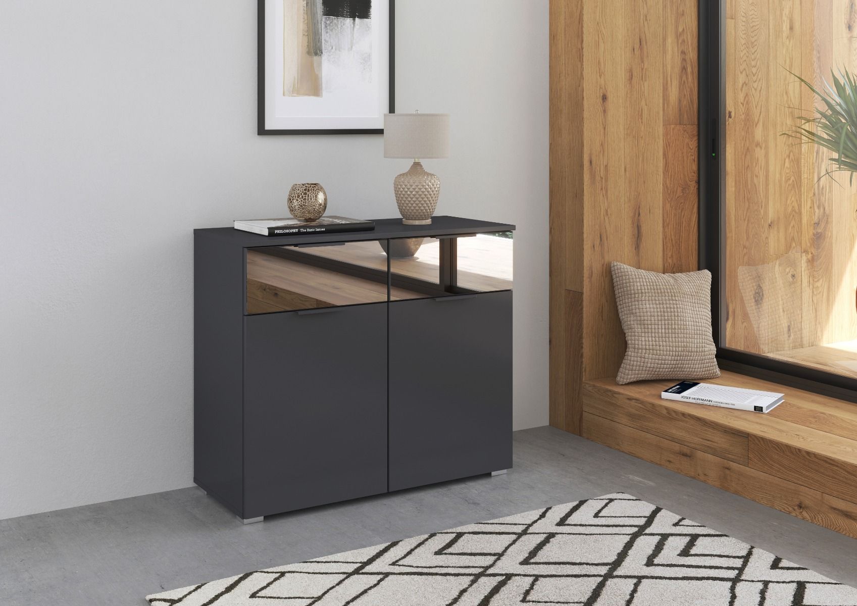 Oakwood Rauch Skyla Metallic Grey 6 Hinged Door Wardrobe with Full Grey Mirror Front
