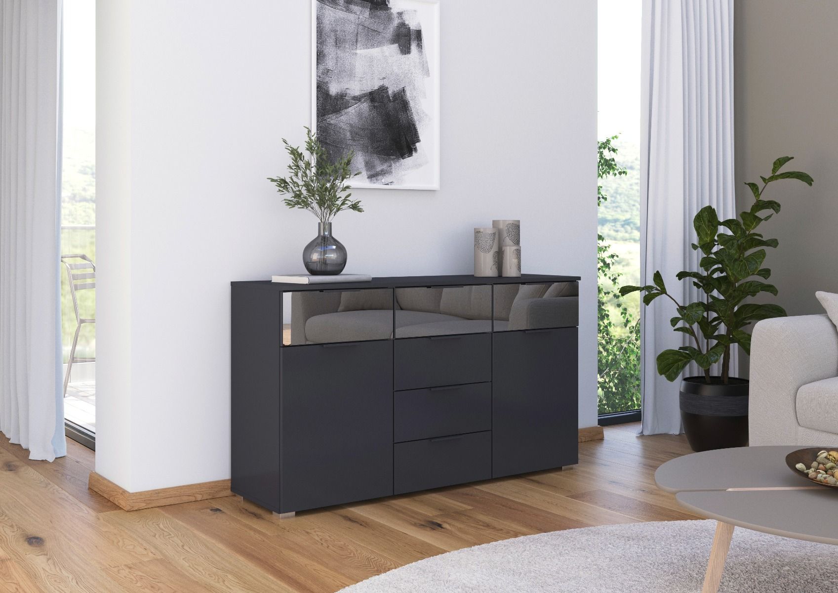 Oakwood Rauch Skyla Metallic Grey 6 Hinged Door Wardrobe with Full Grey Mirror Front