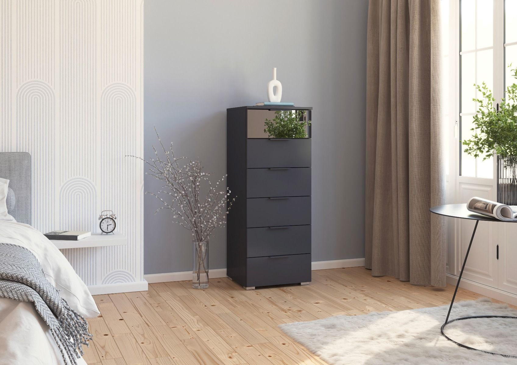 Oakwood Rauch Skyla Metallic Grey 6 Hinged Door Wardrobe with Grey Mirror Front