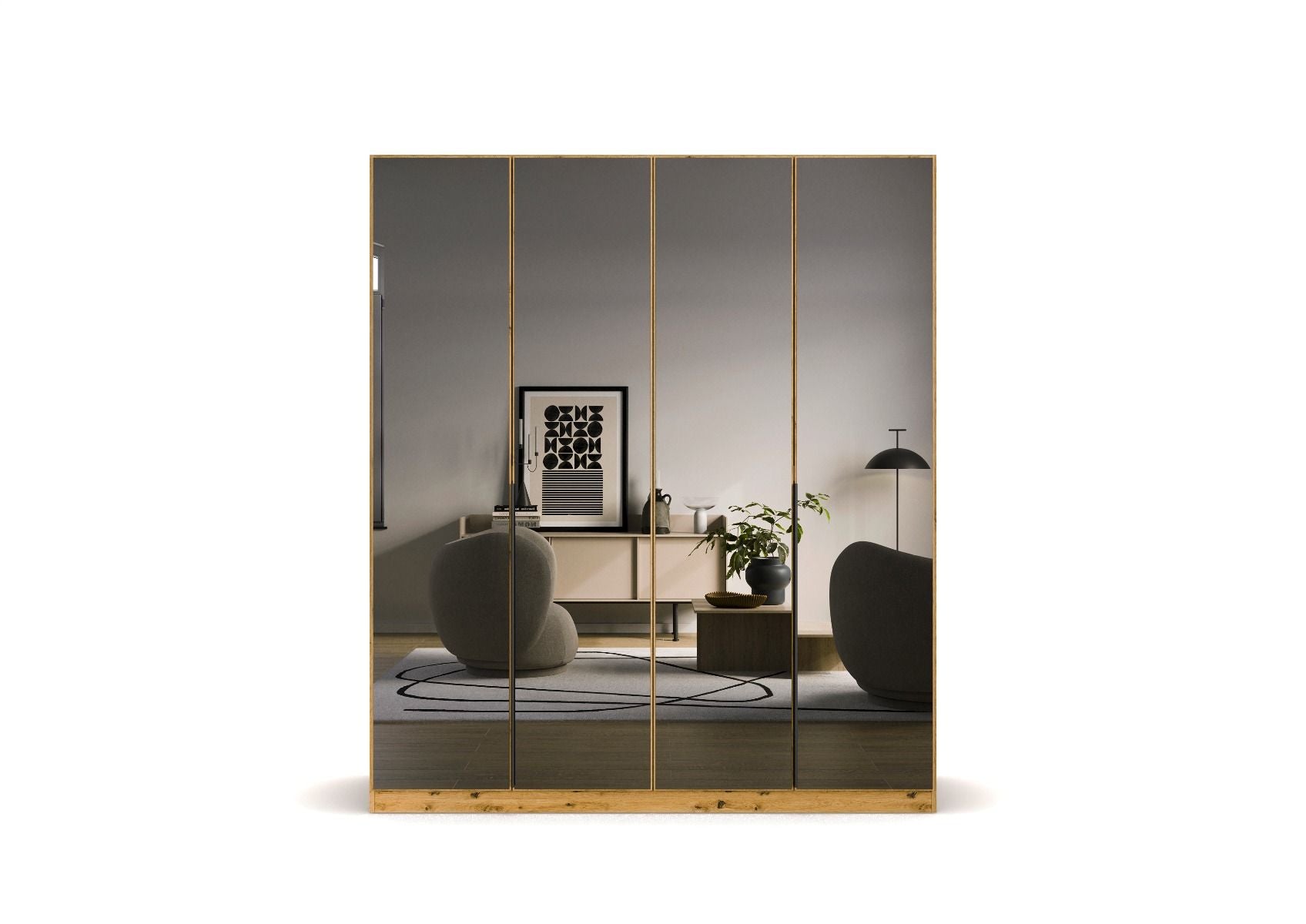 Oakwood Rauch Skyla Artisan Oak 4 Hinged Door Wardrobe with Full Grey Mirror Front
