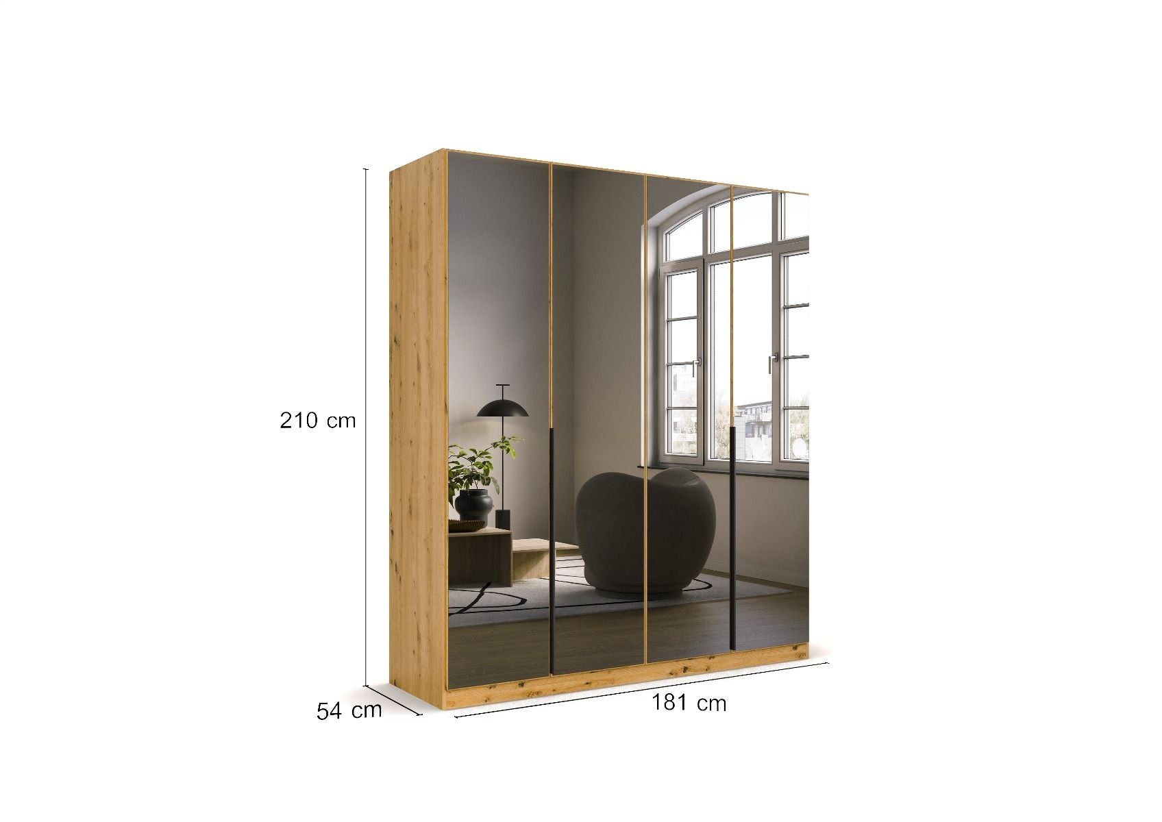 Oakwood Rauch Skyla Artisan Oak 4 Hinged Door Wardrobe with Full Grey Mirror Front
