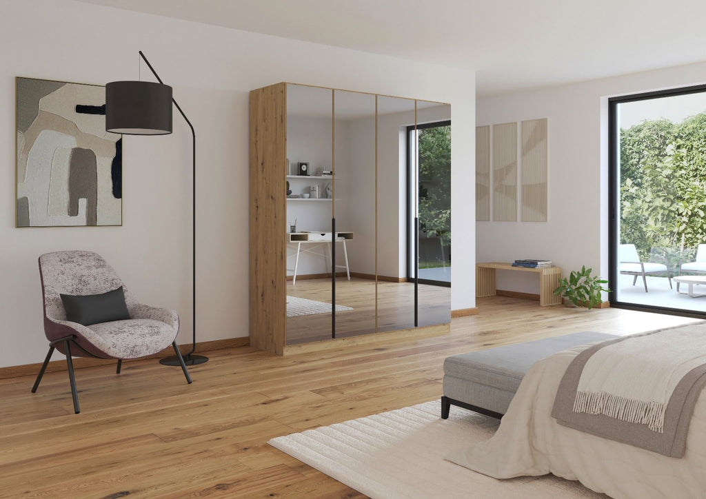 Oakwood Rauch Skyla Artisan Oak 4 Hinged Door Wardrobe with Full Grey Mirror Front