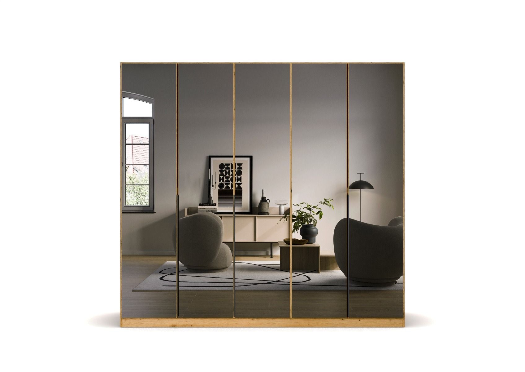 Oakwood Rauch Skyla Artisan Oak 4 Hinged Door Wardrobe with Full Grey Mirror Front