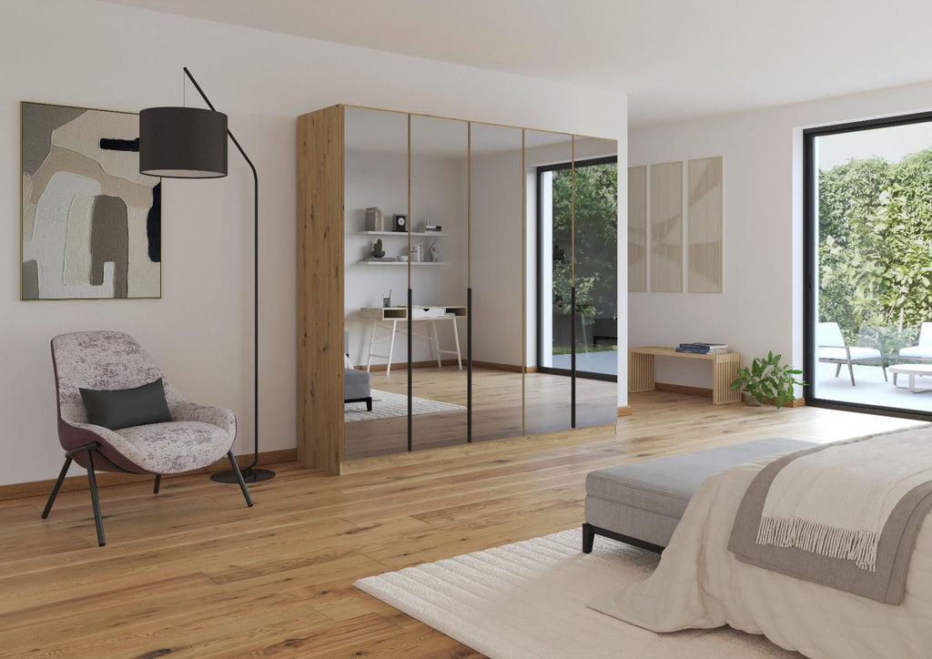 Oakwood Rauch Skyla Artisan Oak 4 Hinged Door Wardrobe with Full Grey Mirror Front