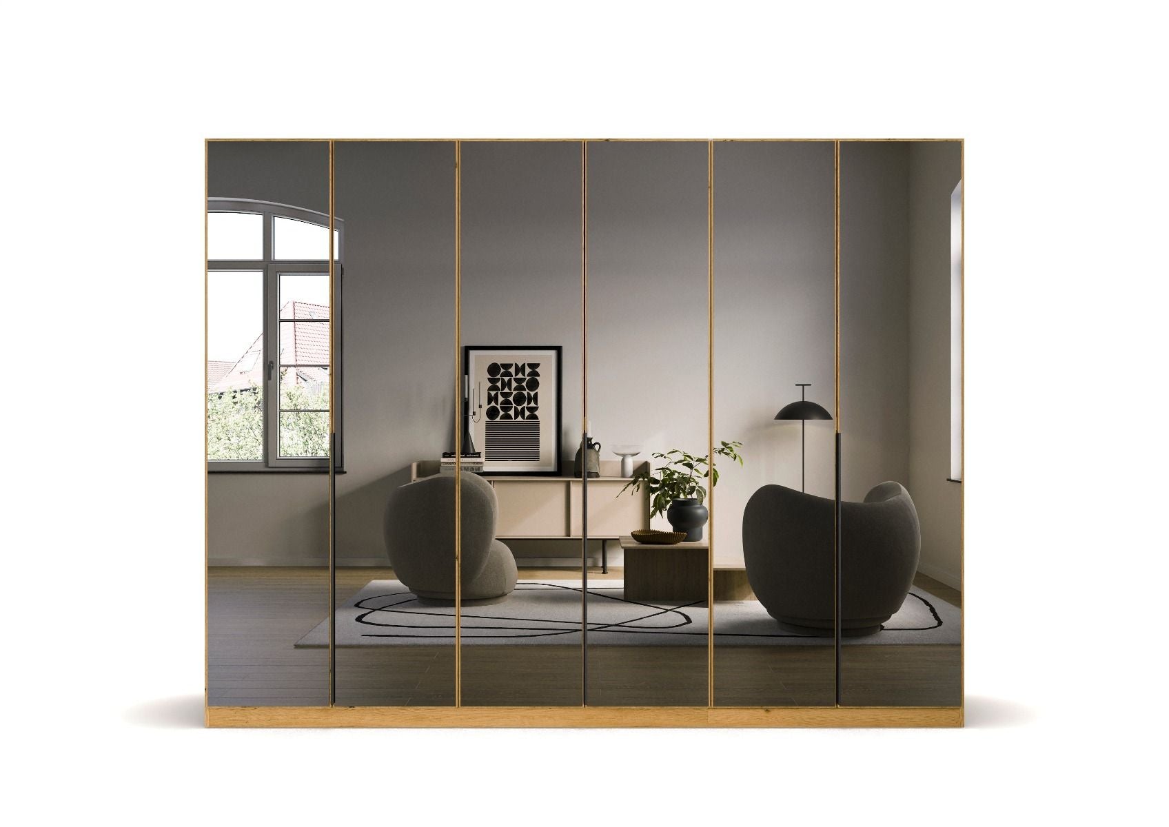 Oakwood Rauch Skyla Artisan Oak 4 Hinged Door Wardrobe with Full Grey Mirror Front