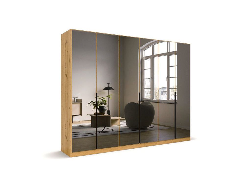 Oakwood Rauch Skyla Artisan Oak 4 Hinged Door Wardrobe with Full Grey Mirror Front