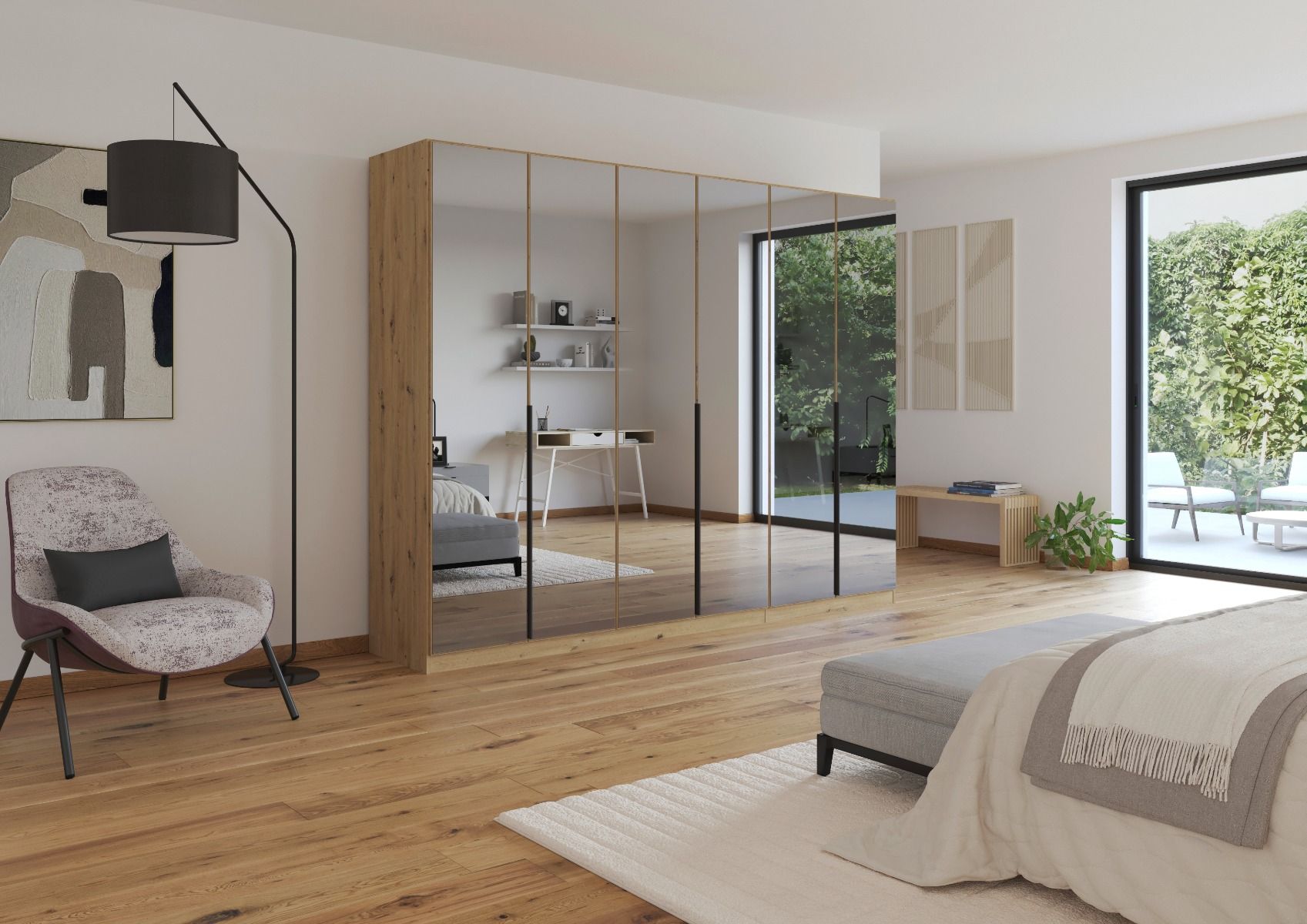 Oakwood Rauch Skyla Artisan Oak 4 Hinged Door Wardrobe with Full Grey Mirror Front