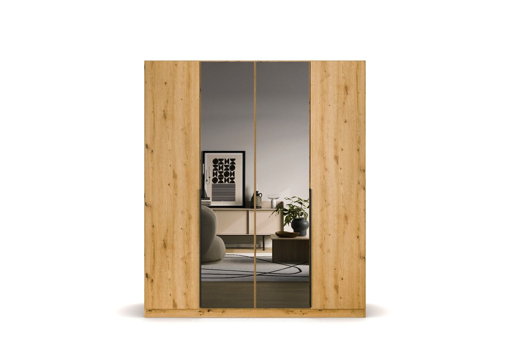Oakwood Rauch Skyla Artisan Oak 4 Hinged Doors Wardrobe with Grey Mirror Front