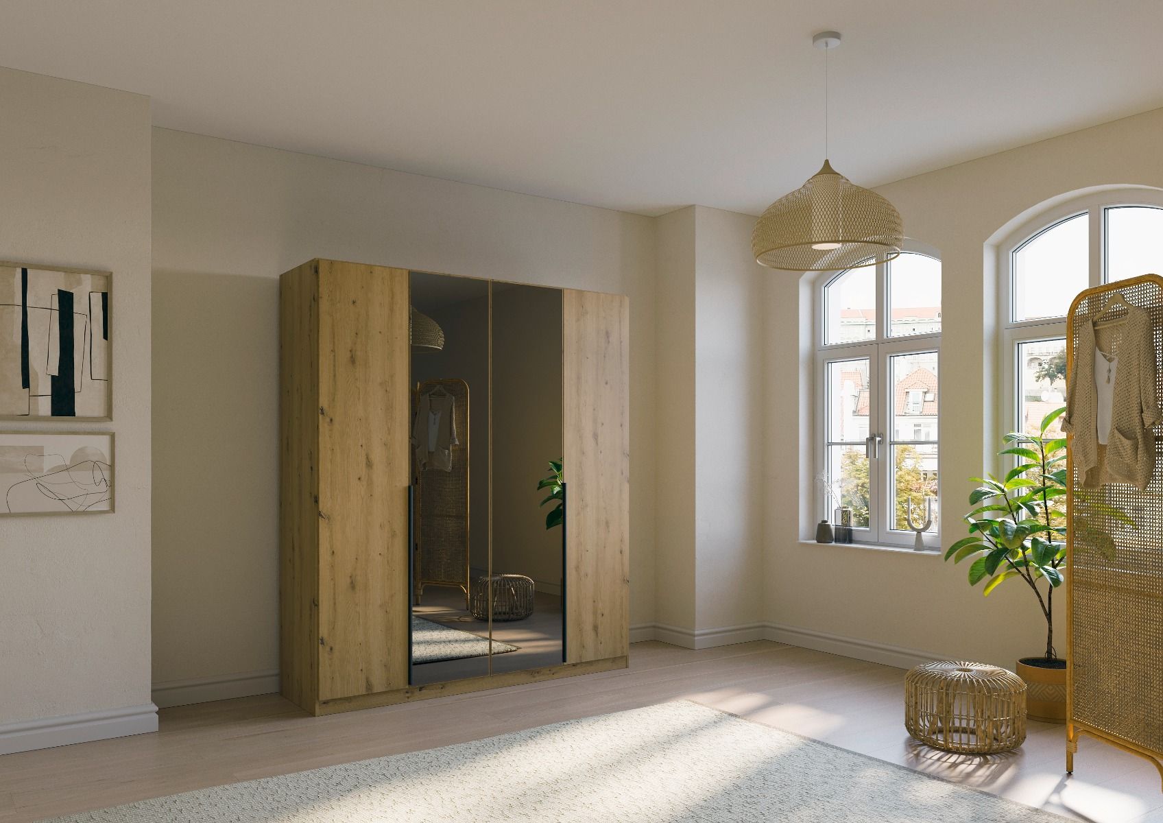 Oakwood Rauch Skyla Artisan Oak 4 Hinged Doors Wardrobe with Grey Mirror Front