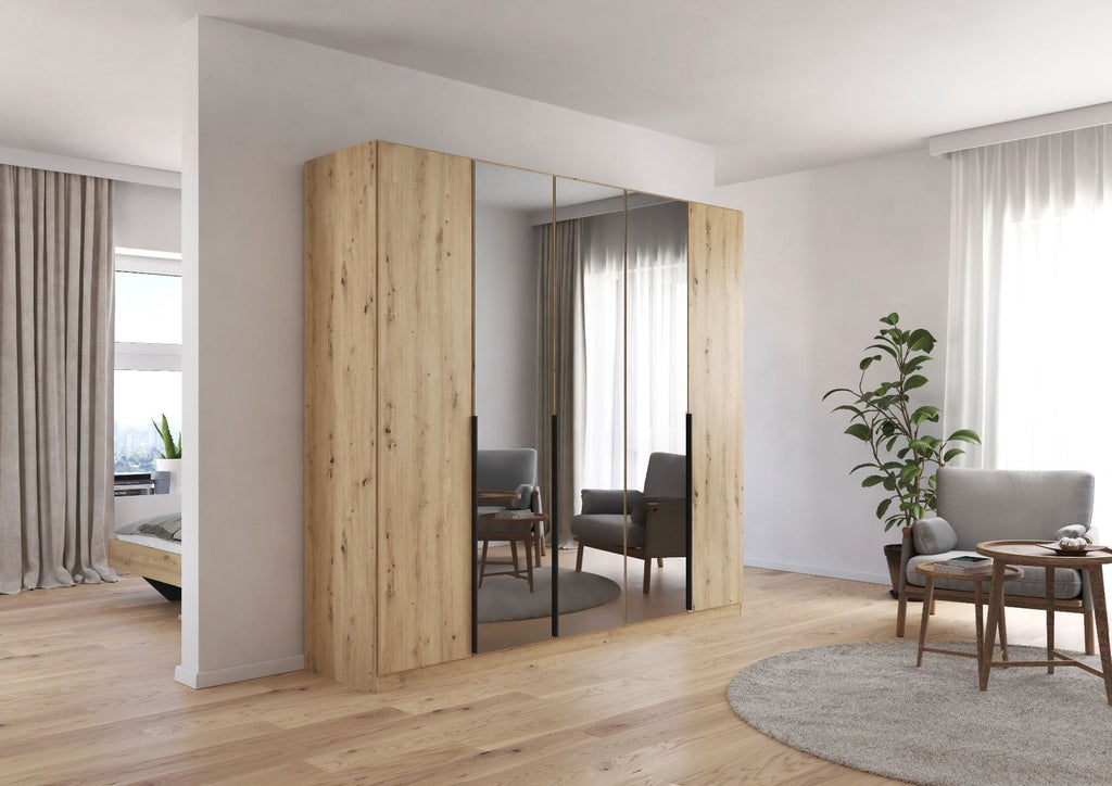 Oakwood Rauch Skyla Artisan Oak 4 Hinged Doors Wardrobe with Grey Mirror Front