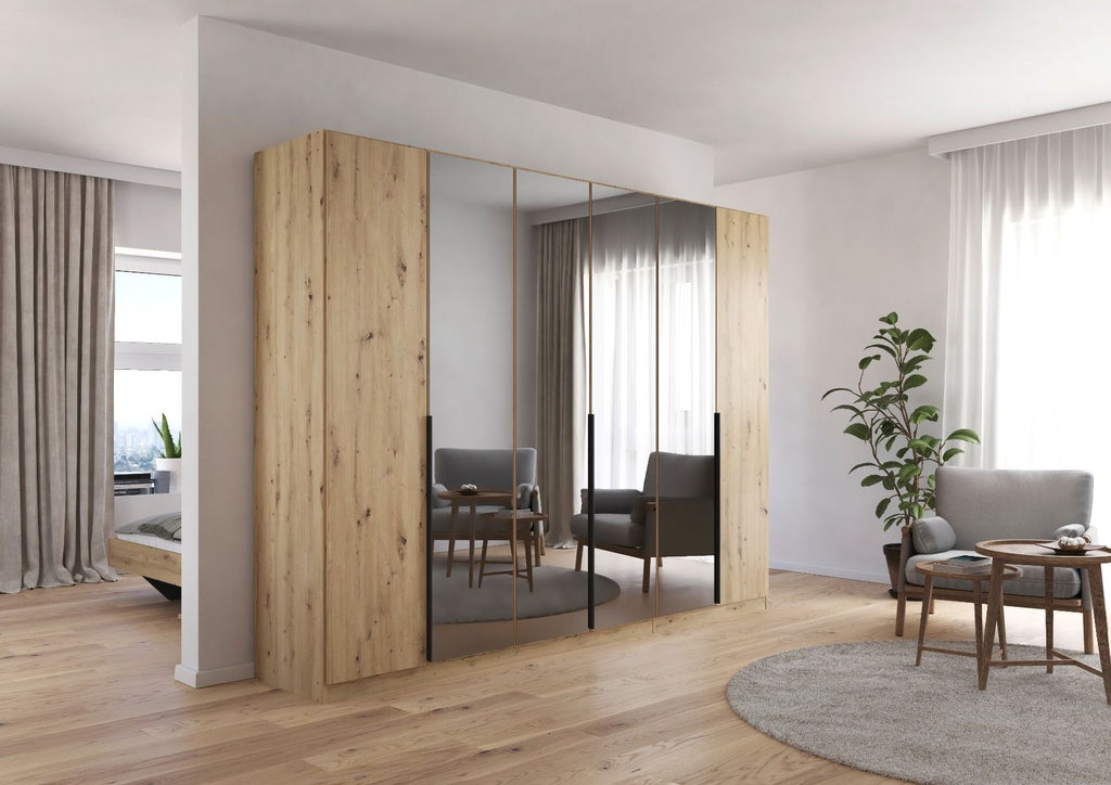 Oakwood Rauch Skyla Artisan Oak 4 Hinged Doors Wardrobe with Grey Mirror Front