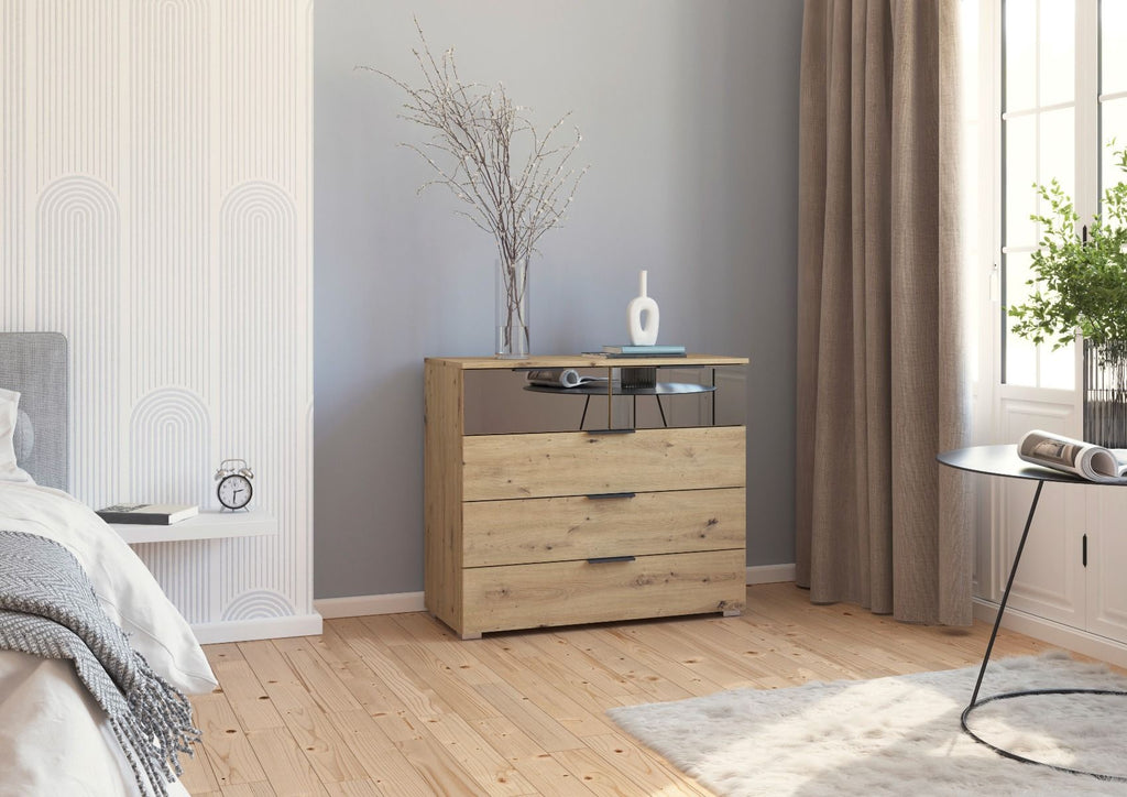 Oakwood Rauch Skyla Artisan Oak 4 Hinged Door Wardrobe with Full Grey Mirror Front