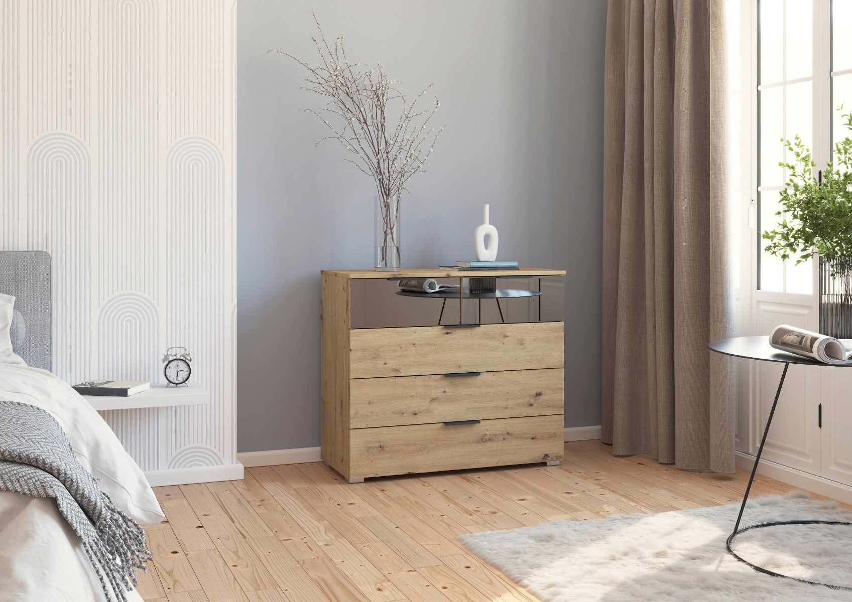 Oakwood Rauch Skyla Artisan Oak 4 Hinged Door Wardrobe with Full Grey Mirror Front
