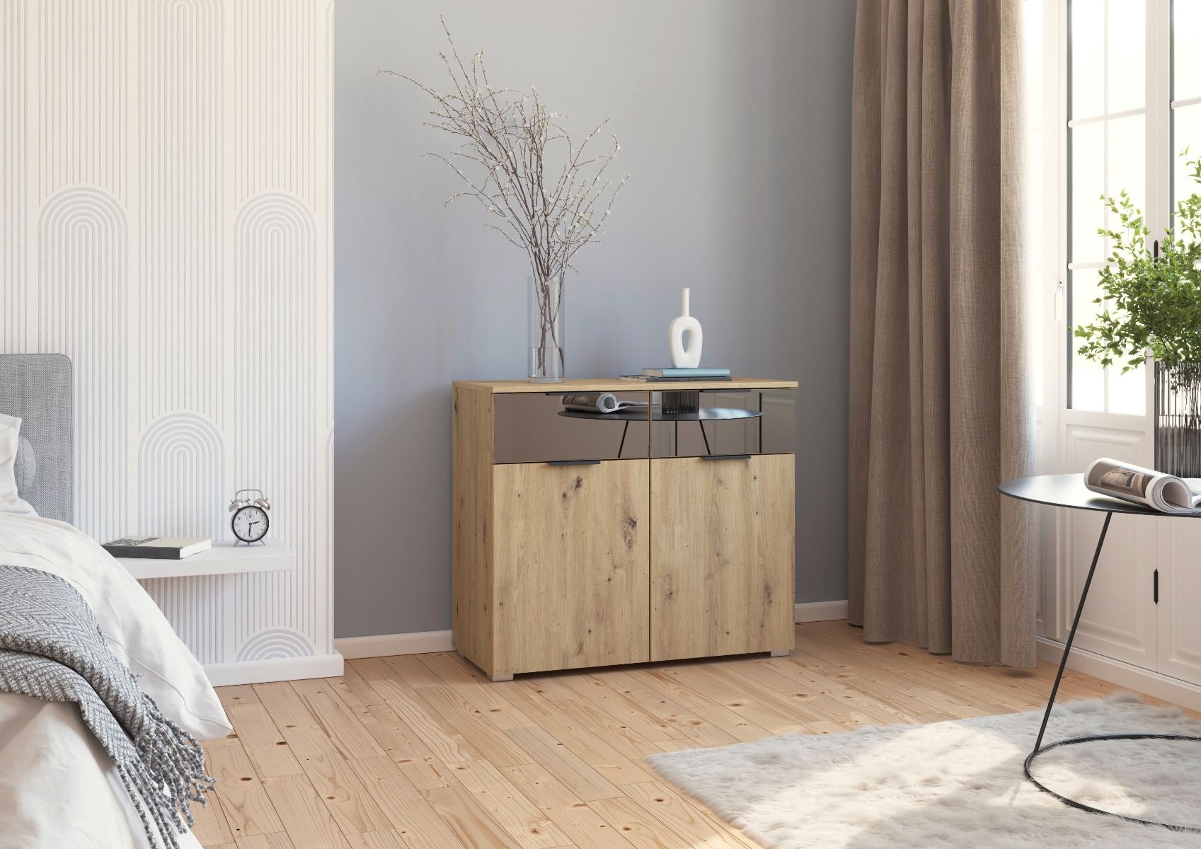 Oakwood Rauch Skyla Artisan Oak 4 Hinged Door Wardrobe with Full Grey Mirror Front