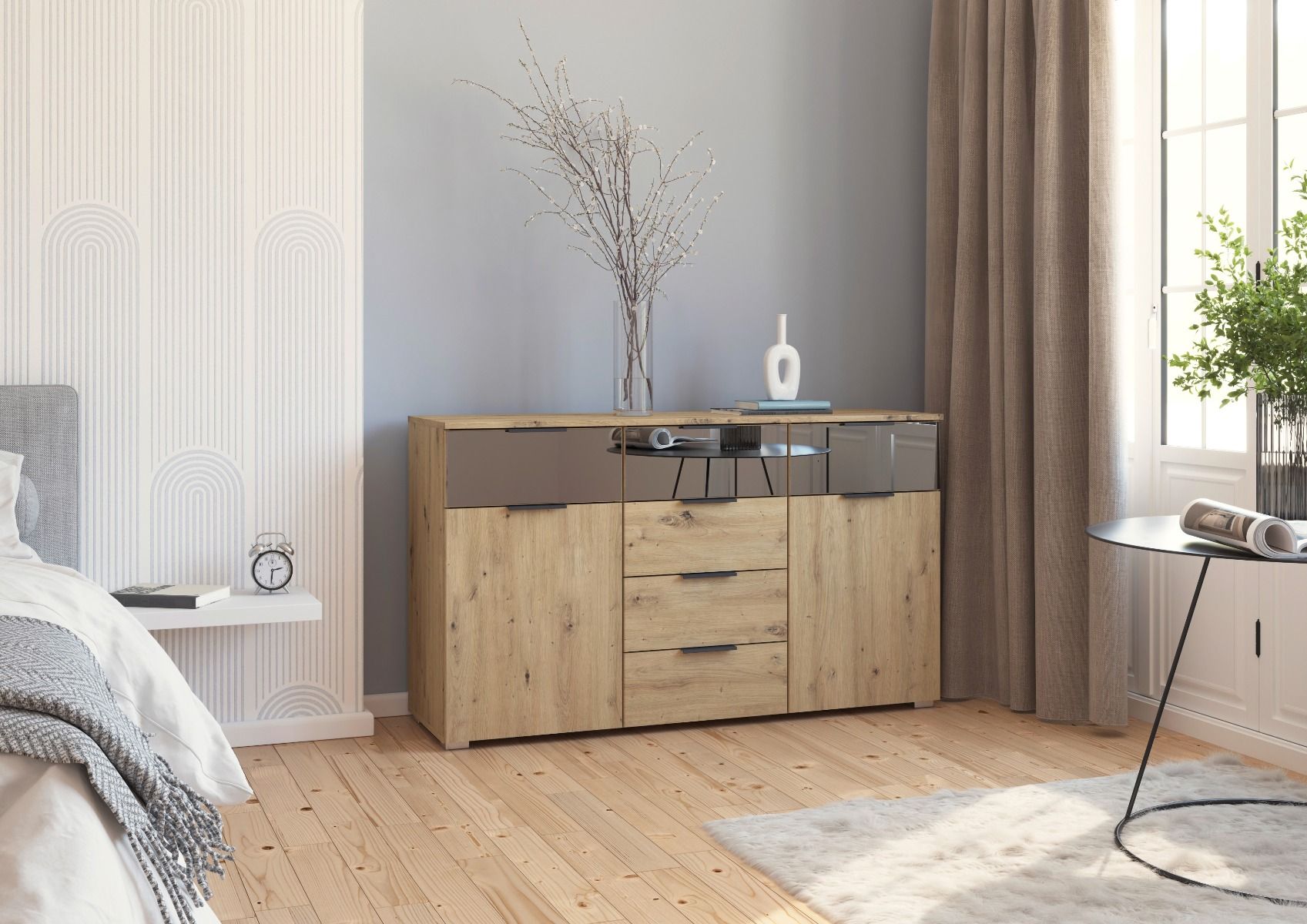 Oakwood Rauch Skyla Artisan Oak 4 Hinged Doors Wardrobe with Grey Mirror Front