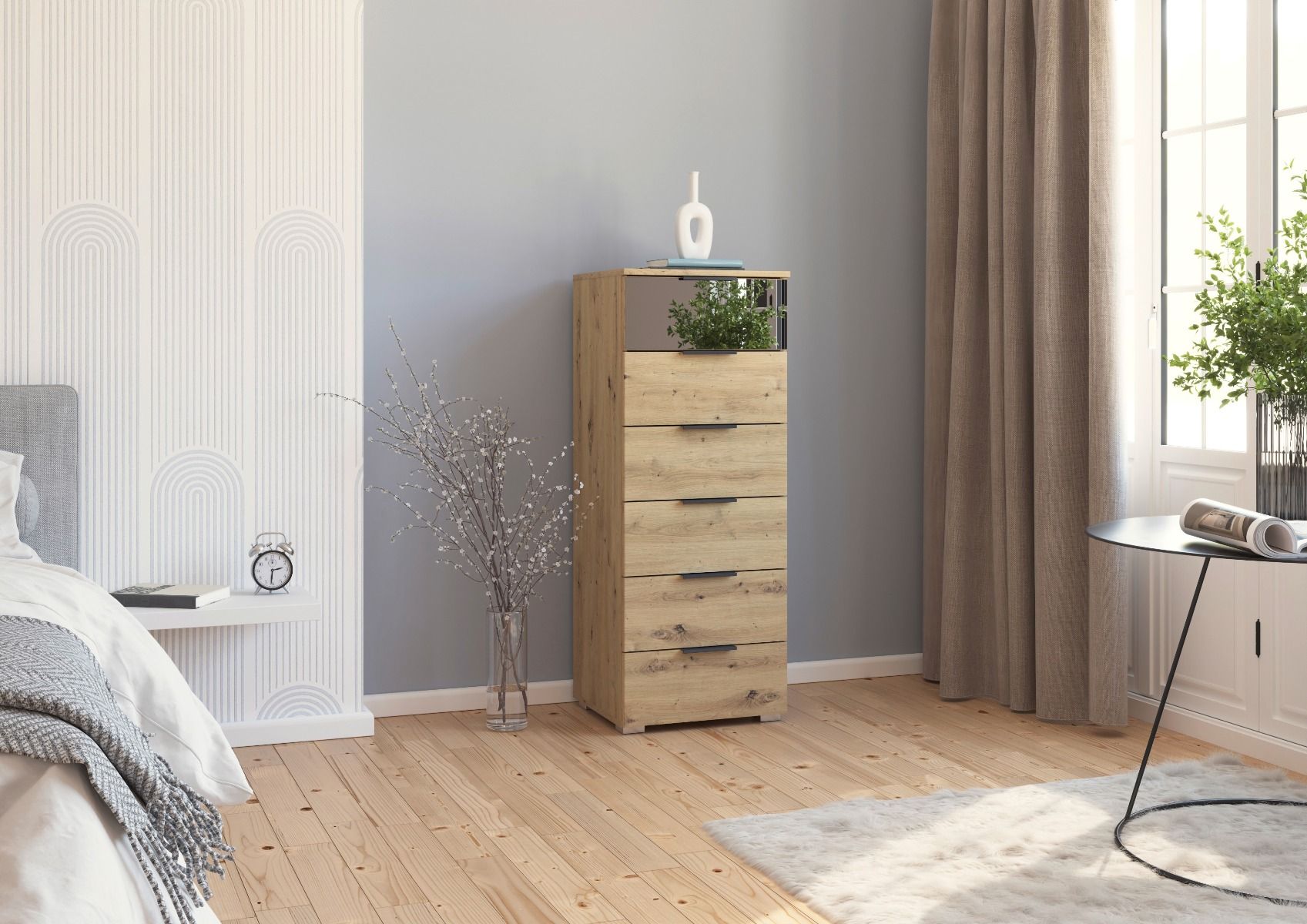 Oakwood Rauch Skyla Artisan Oak 4 Hinged Door Wardrobe with Full Grey Mirror Front