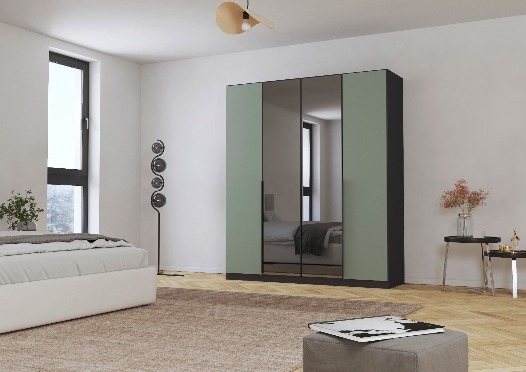 Oakwood Rauch Skyla Metallic Grey 6 Hinged Door Wardrobe with Grey Mirror Front