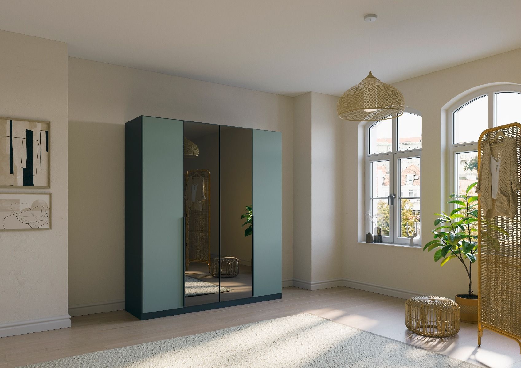 Oakwood Rauch Skyla Metallic Grey 6 Hinged Door Wardrobe with Grey Mirror Front