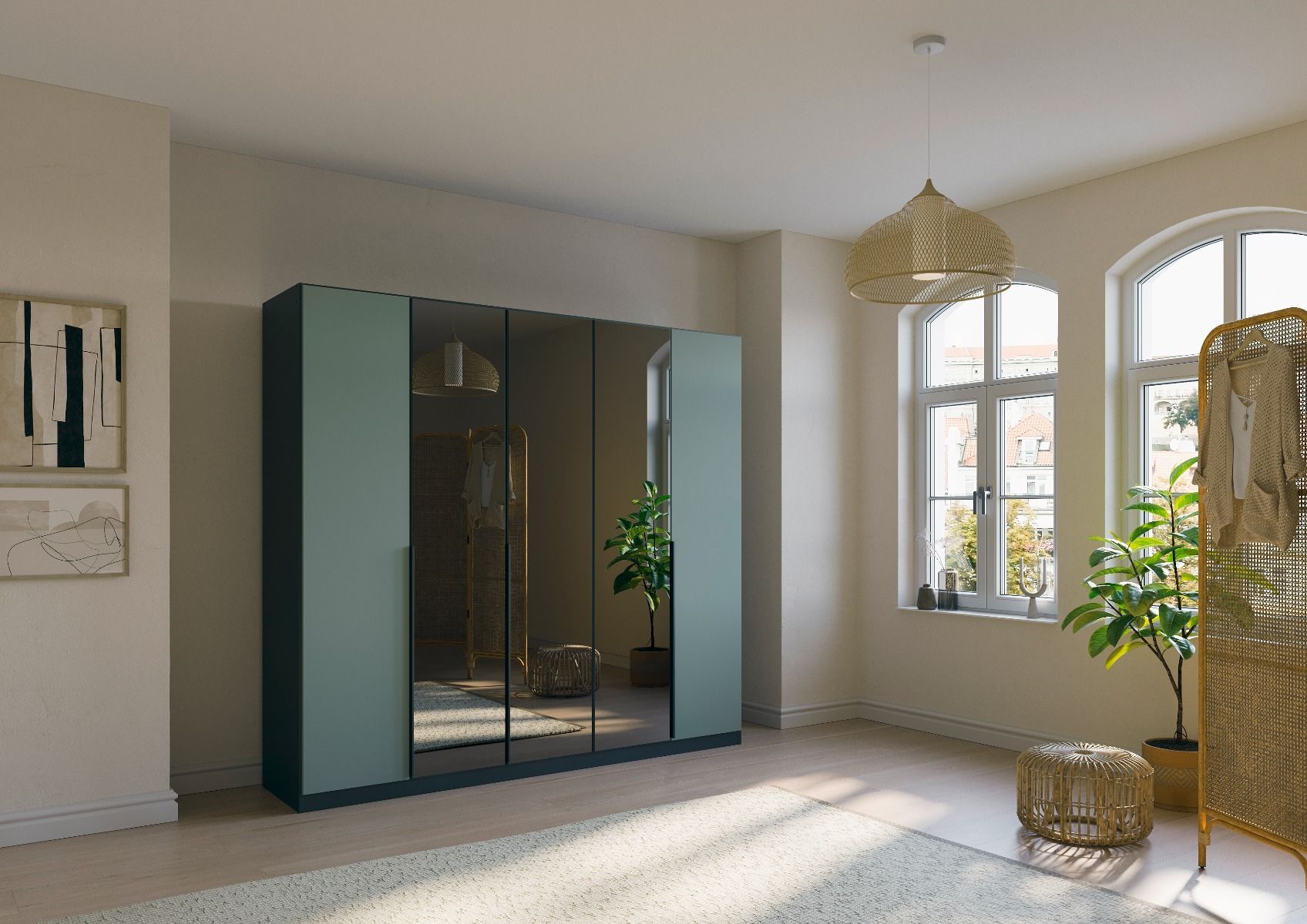 Oakwood Rauch Skyla Metallic Grey 6 Hinged Door Wardrobe with Grey Mirror Front
