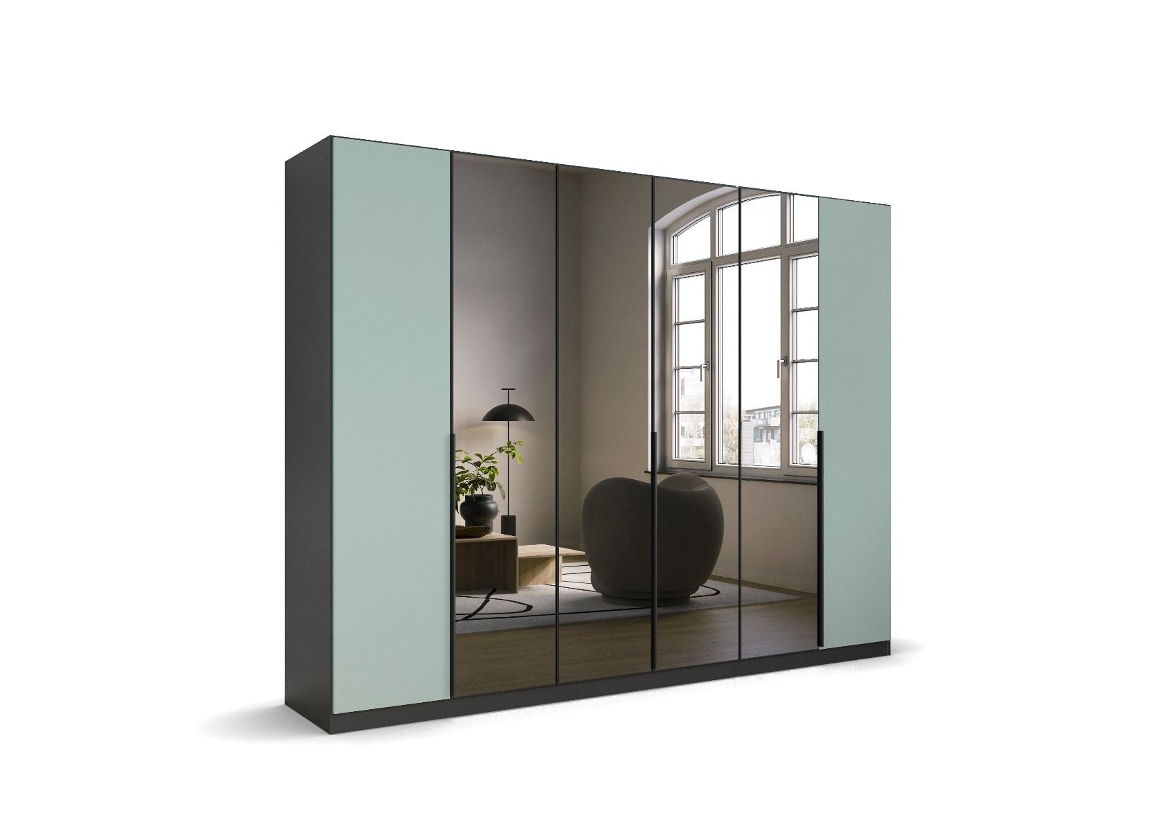 Oakwood Rauch Skyla Metallic Grey 6 Hinged Door Wardrobe with Grey Mirror Front