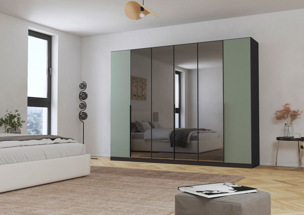 Oakwood Rauch Skyla Metallic Grey 6 Hinged Door Wardrobe with Grey Mirror Front