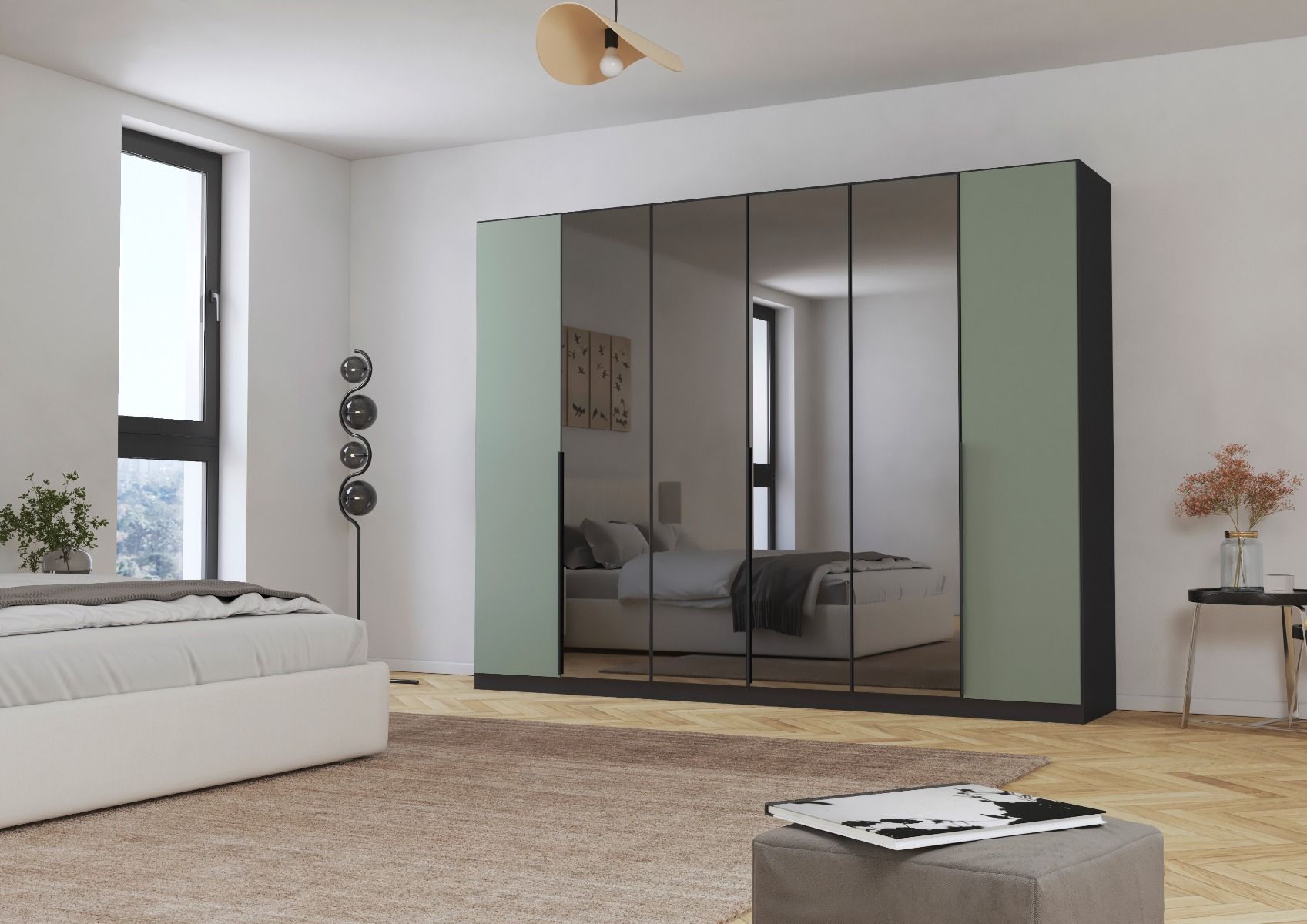 Oakwood Rauch Skyla Metallic Grey 6 Hinged Door Wardrobe with Grey Mirror Front