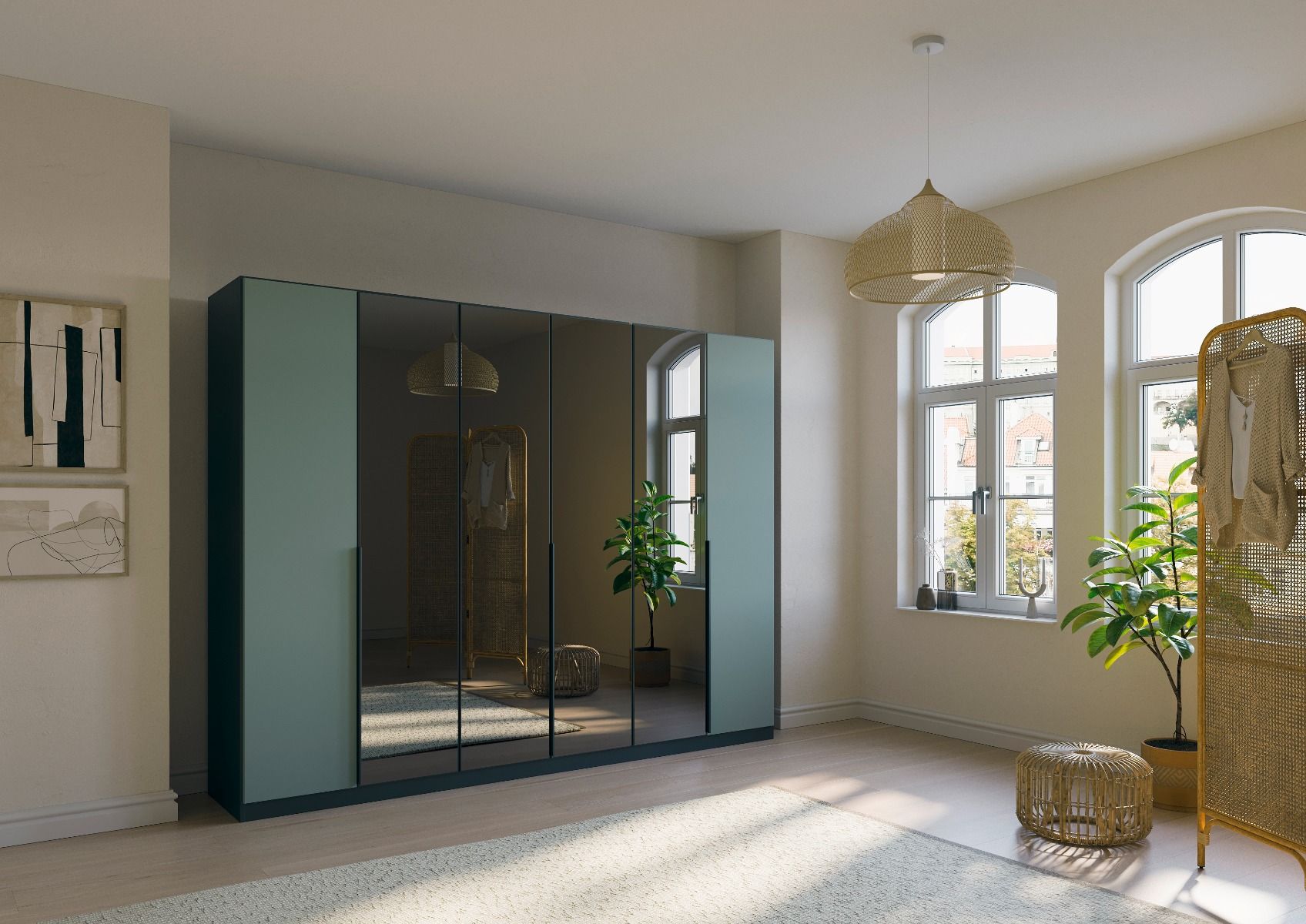 Oakwood Rauch Skyla Metallic Grey 6 Hinged Door Wardrobe with Grey Mirror Front
