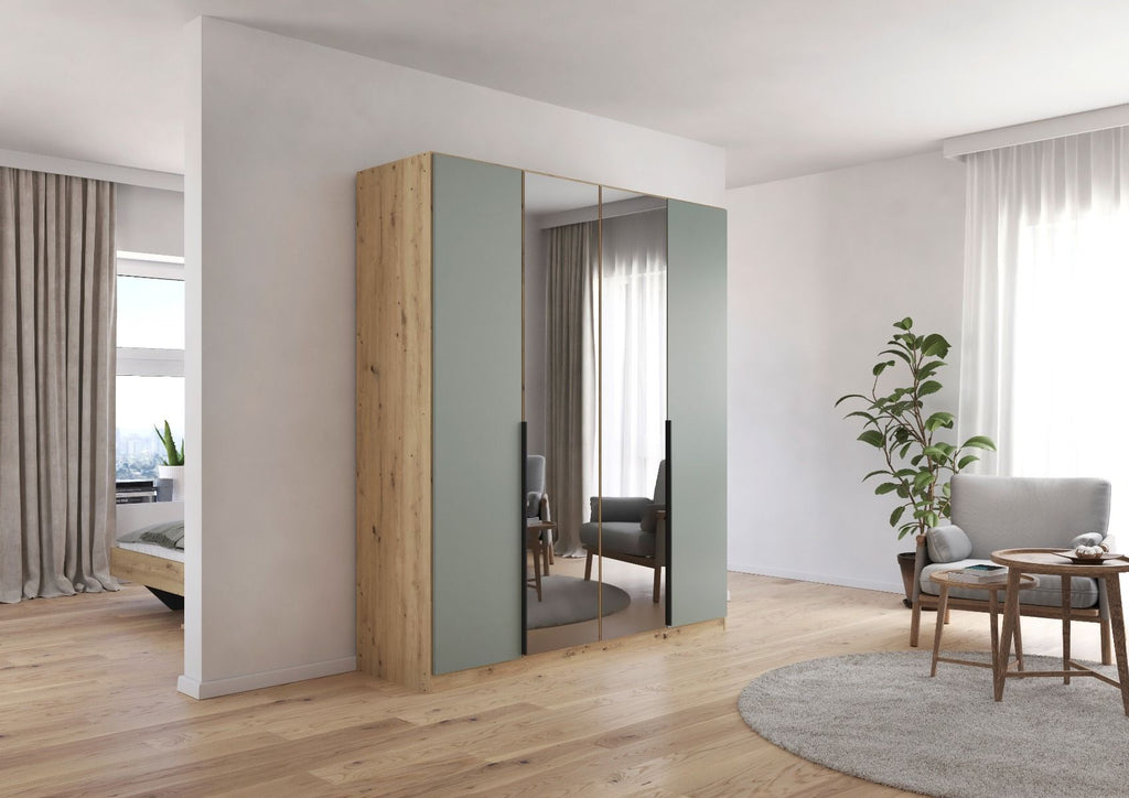 Oakwood Rauch Skyla Artisan Oak 4 Hinged Doors Wardrobe with Grey Mirror Front