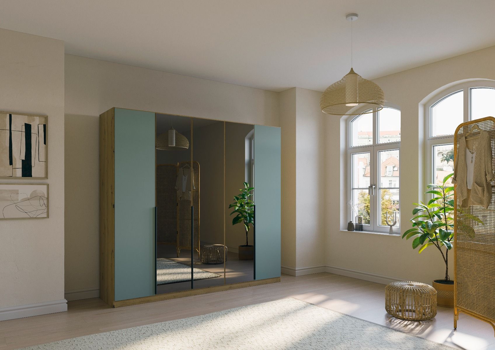 Oakwood Rauch Skyla Artisan Oak 4 Hinged Doors Wardrobe with Grey Mirror Front