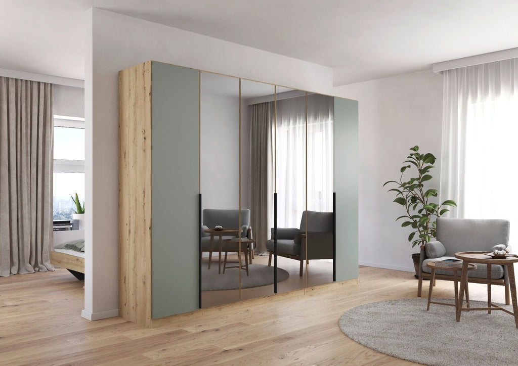Oakwood Rauch Skyla Artisan Oak 4 Hinged Doors Wardrobe with Grey Mirror Front