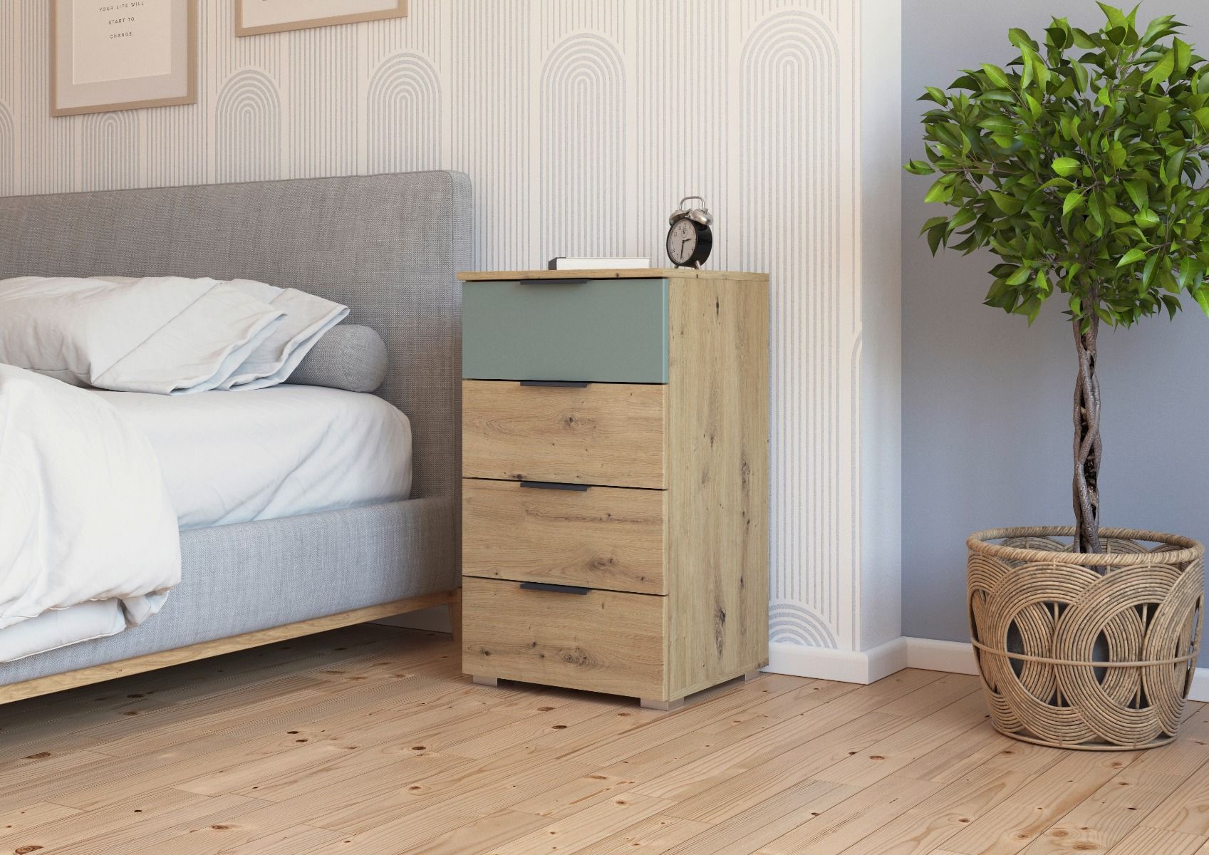 Oakwood Rauch Skyla Artisan Oak 4 Hinged Doors Wardrobe with Grey Mirror Front