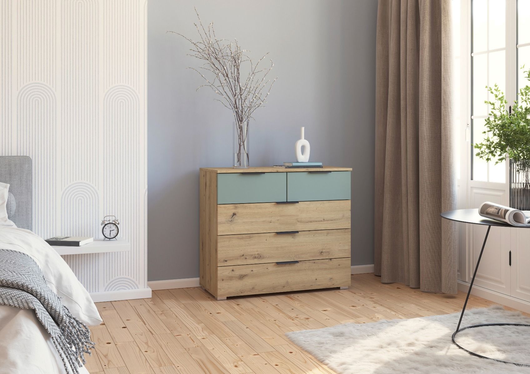 Oakwood Rauch Skyla Artisan Oak 4 Hinged Doors Wardrobe with Grey Mirror Front
